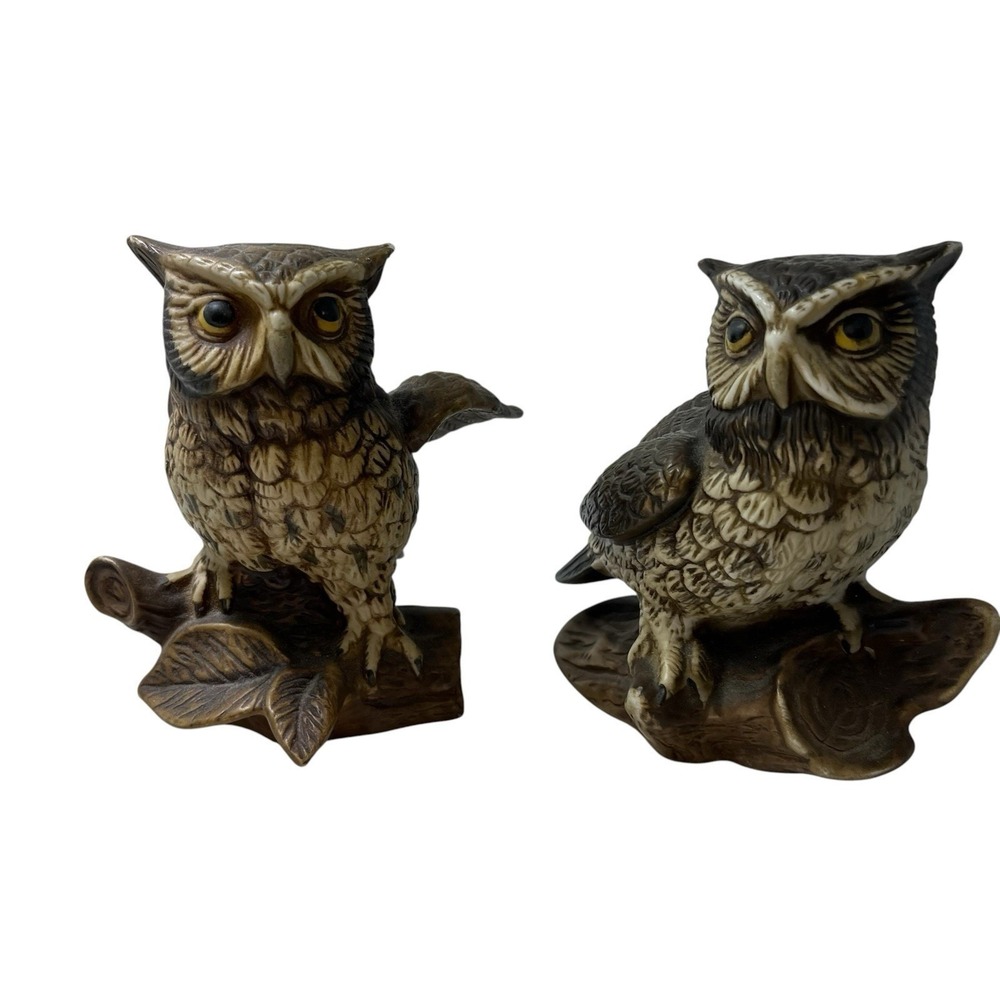 Vintage Homco Porcelain Owl On A Branch Figurines  5 X 4 Inches Set‎ Of 2